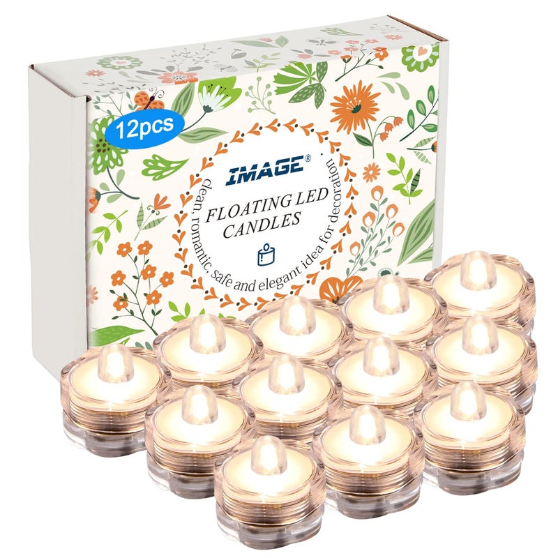 IMAGE 12x LED Waterproof Submersible Tealights Flameless Tealight Battery-Operated Sub Lights for Wedding Christmas Thanksgiving Party Events Home Decor Floral Warm White - Image 1